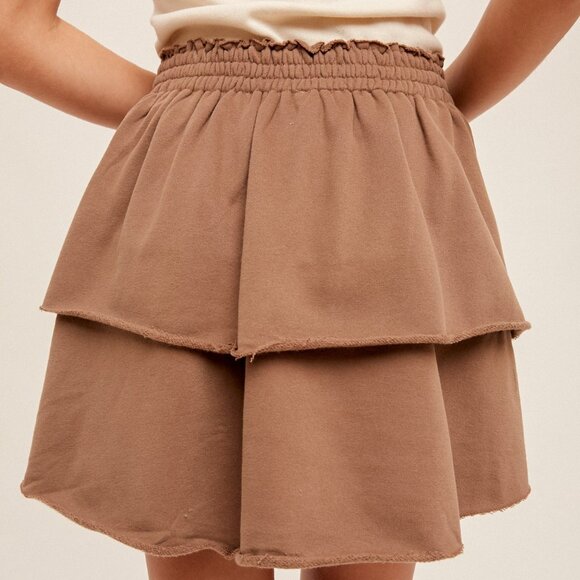 HEM & THREAD Mocha Tiered Ruffle Mini Skirt | Boutique Neutral Layered Skirt - Picture 4 of 4